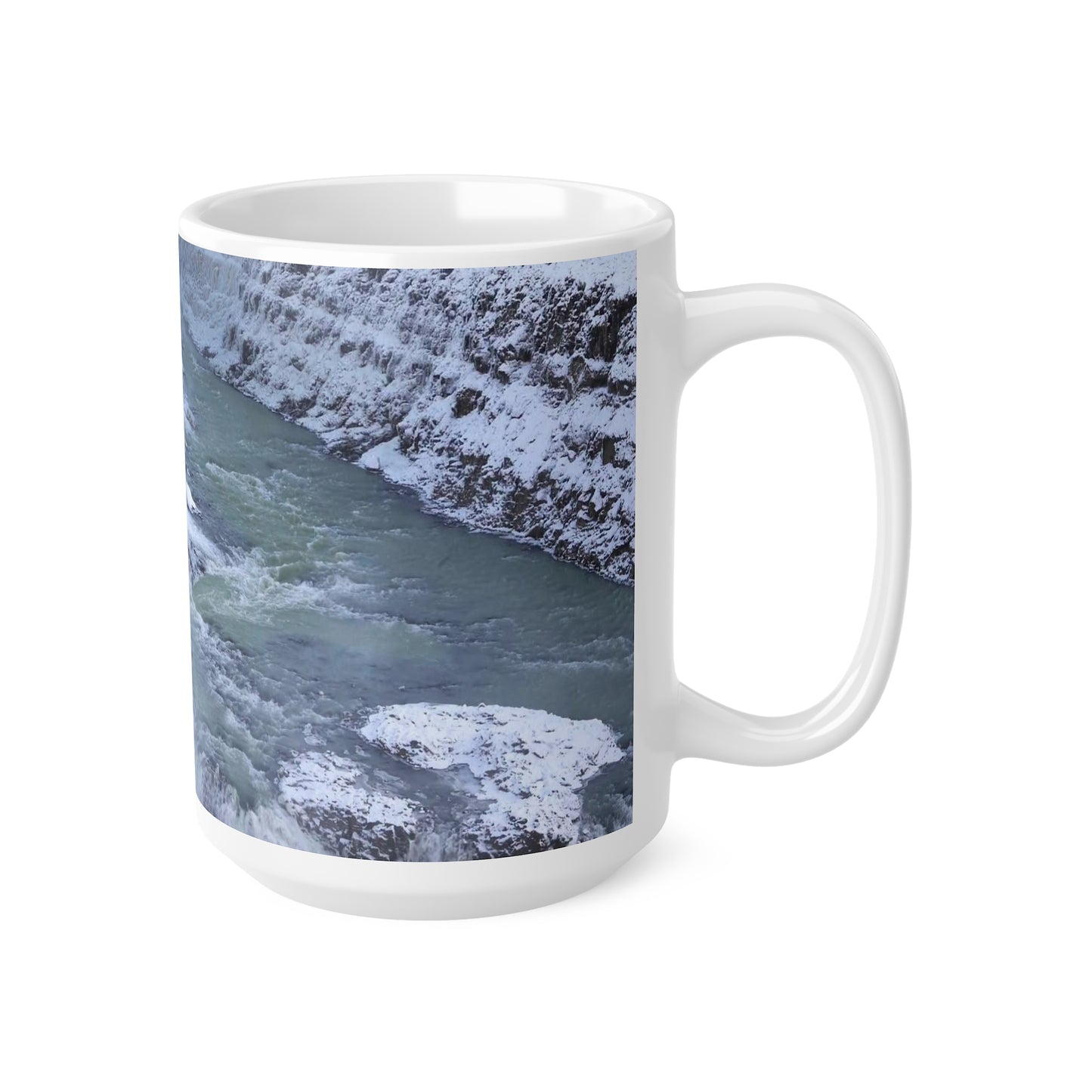 Ceramic Mug — Snowy Waterfall Scenic Coffee Cup (11oz & 15oz)