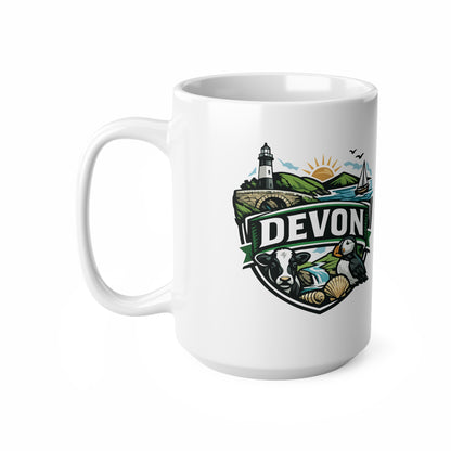 Devon Scenic Mug — Coastal Lighthouse, Puffin & Cow Ceramic Coffee Cup (11oz & 15oz)
