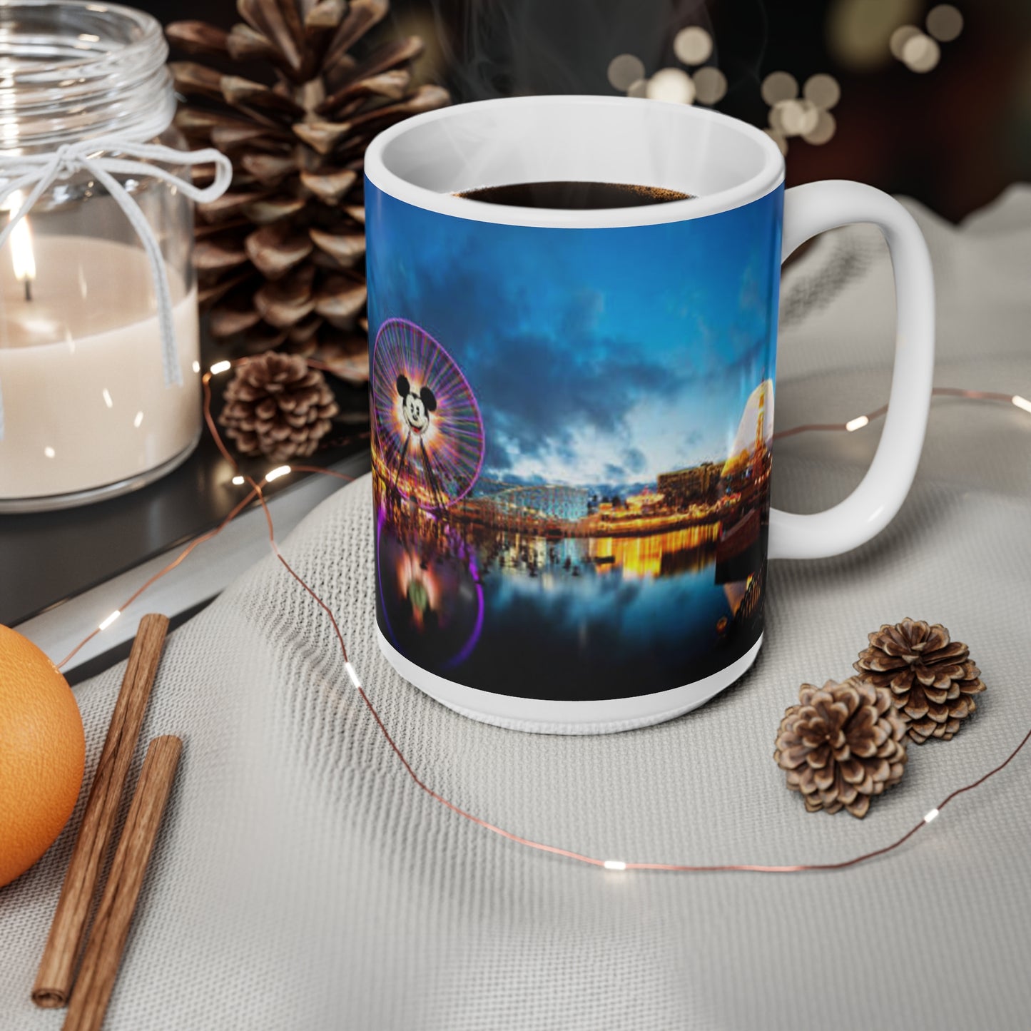 Disneyland Nighttime Theme Park Ferris Wheel Mug — Colorful Reflection Ceramic Coffee Cup (11oz/15oz)