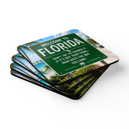 Florida Welcome Sign Corkwood Coaster Set – 'Welcome to Florida' Beach Road Drink Coasters
