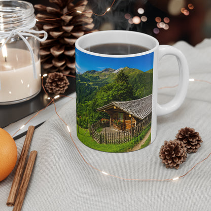 Scenic Alpine Valley Mug — Panoramic Mountain Landscape Ceramic Coffee Cup (11oz, 15oz)