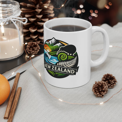 New Zealand Scenic Badge Ceramic Mug — Kiwi, Fern & Ocean Coffee Cup (11oz/15oz)