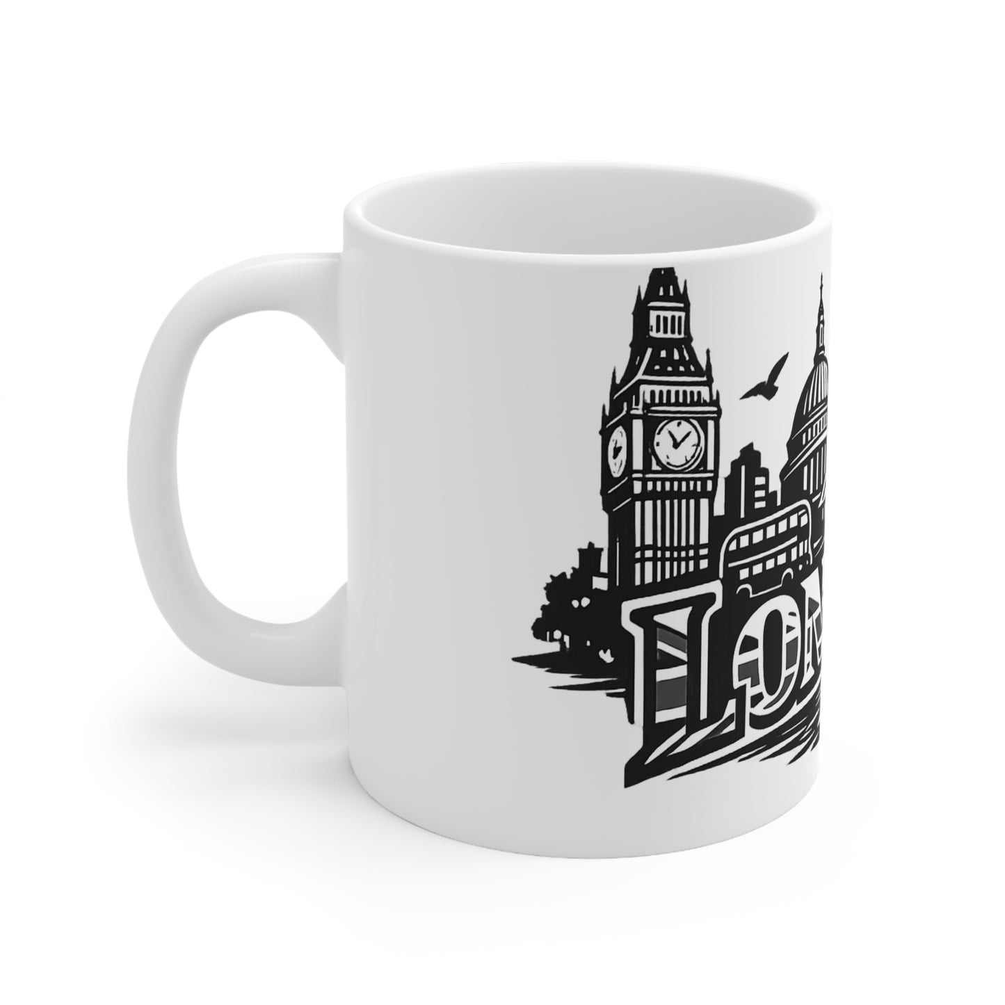 London Skyline Ceramic Mug — Black & White Cityscape Coffee Cup (11oz, 15oz)