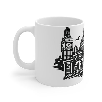 London Skyline Ceramic Mug — Black & White Cityscape Coffee Cup (11oz, 15oz)