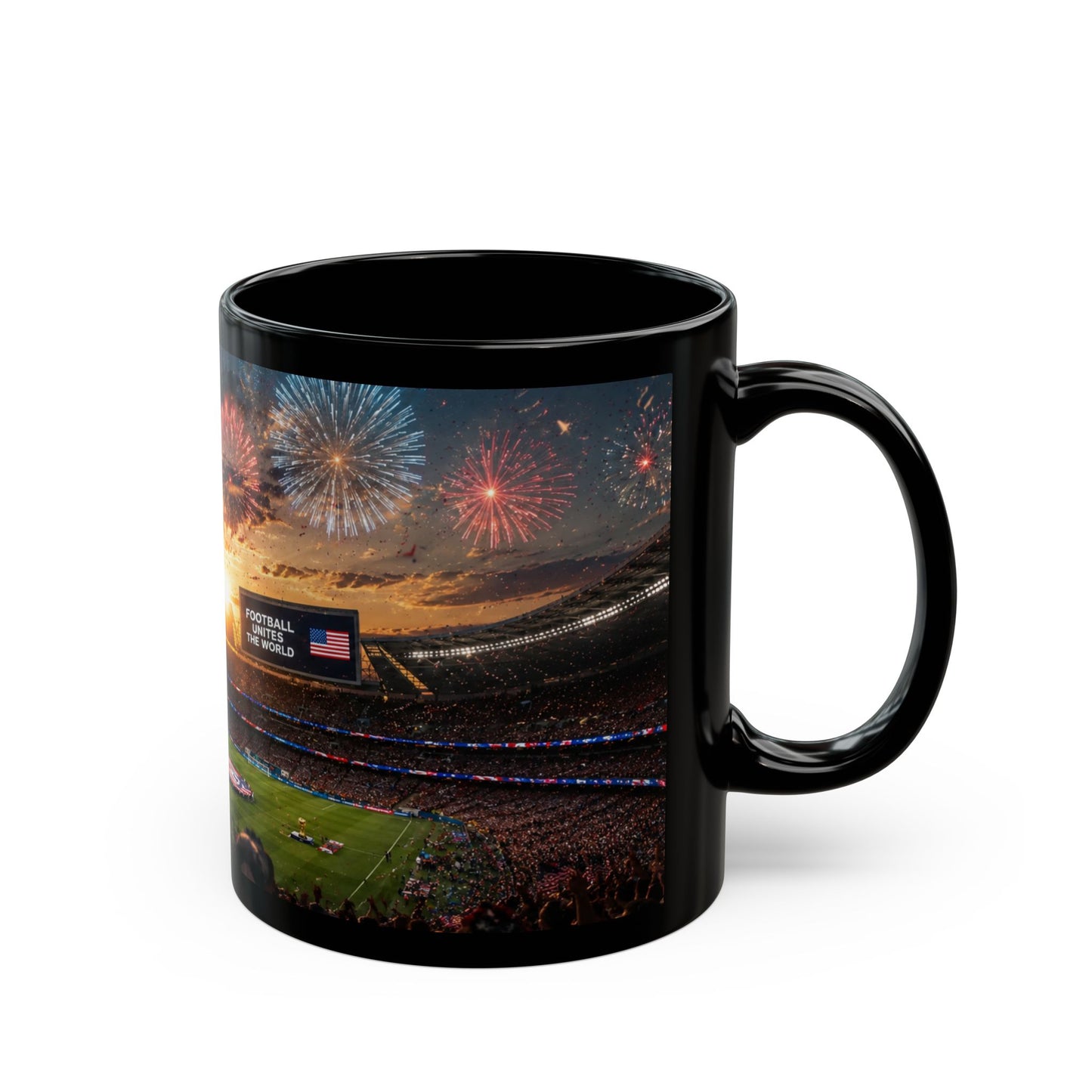 World Cup 2026 Patriotic Stadium Fireworks Black Mug — American Flag Football Game Coffee Cup (11oz/15oz)