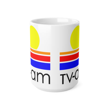 Retro Sunrise TV-AM Ceramic Mug — Vintage 80s Striped Logo Coffee Cup (11oz, 15oz)