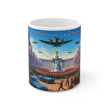 Union Jack Victory Parade Mug — Buckingham Palace Vintage WWII Commemorative Coffee Cup (11oz/15oz)
