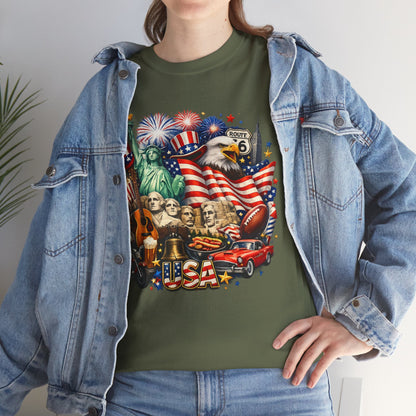 Patriotic USA Graphic Tee – American Flag, Statue of Liberty & Fireworks T-Shirt