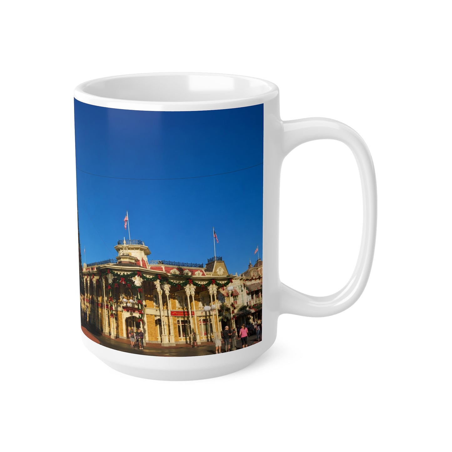 Magic Kingdom Town Square Christmas Mug — Festive Tree & Main Street Ceramic Coffee Cup (11oz, 15oz)