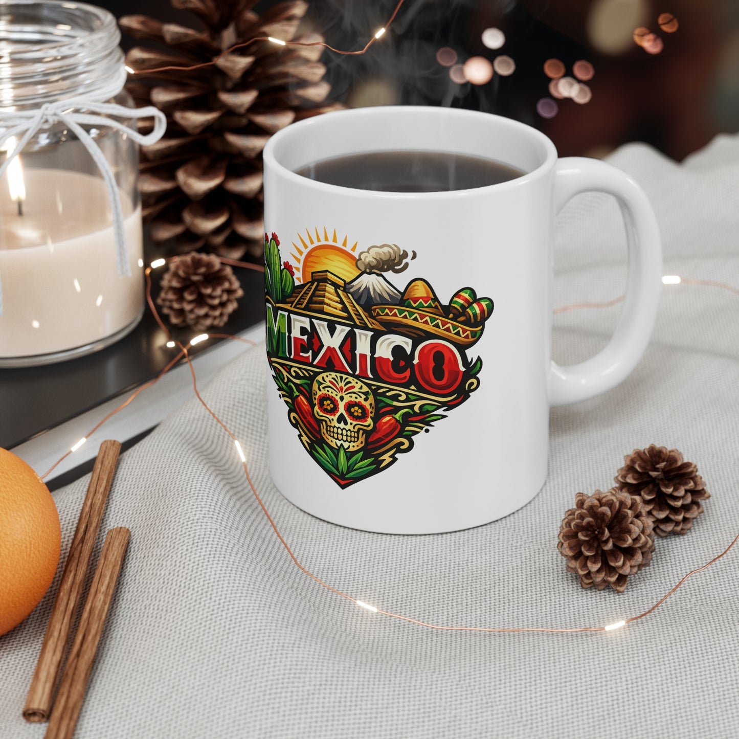Mexico Travel Coffee Mug — Colorful Sugar Skull & Sunset Ceramic Mug (11oz/15oz)