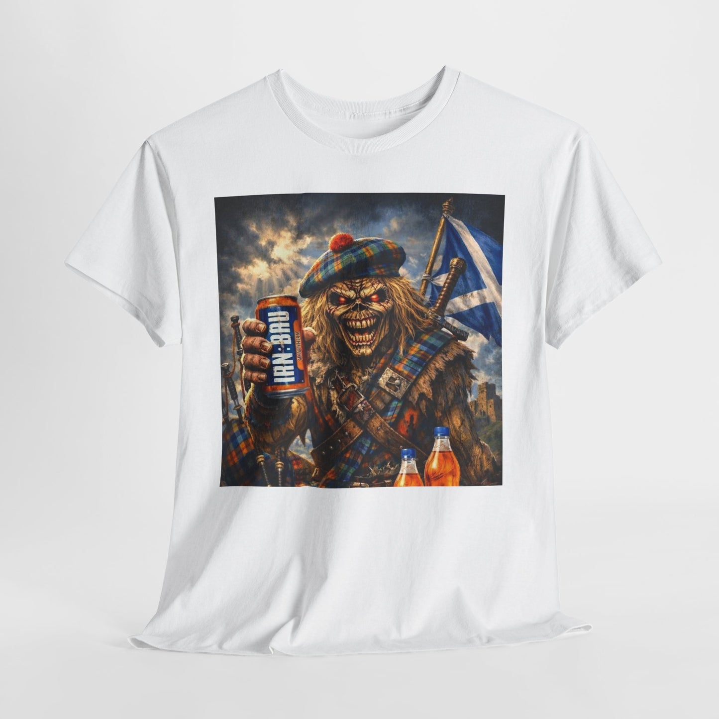 Scottish Rock Skull T‑Shirt — Eddie the Piper with Flag & Can Graphic Tee