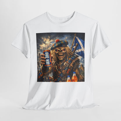 Scottish Rock Skull T‑Shirt — Eddie the Piper with Flag & Can Graphic Tee
