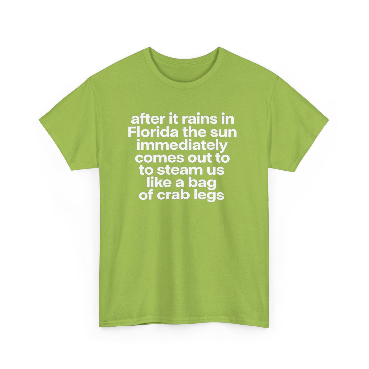 T-Shirt — "after it rains in Florida the sun immediately comes out to steam us like a bag of crab legs" Funny Florida Weather Tee