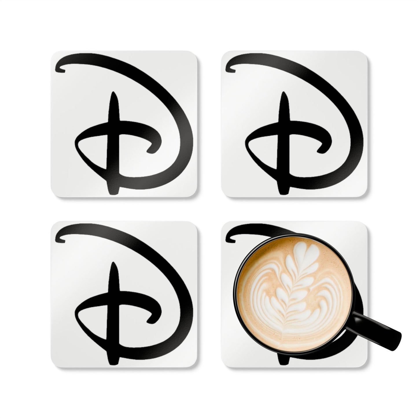Disney Inspired Cork Coaster Set — Black Script Emblem Drink Coasters (4-Pack)