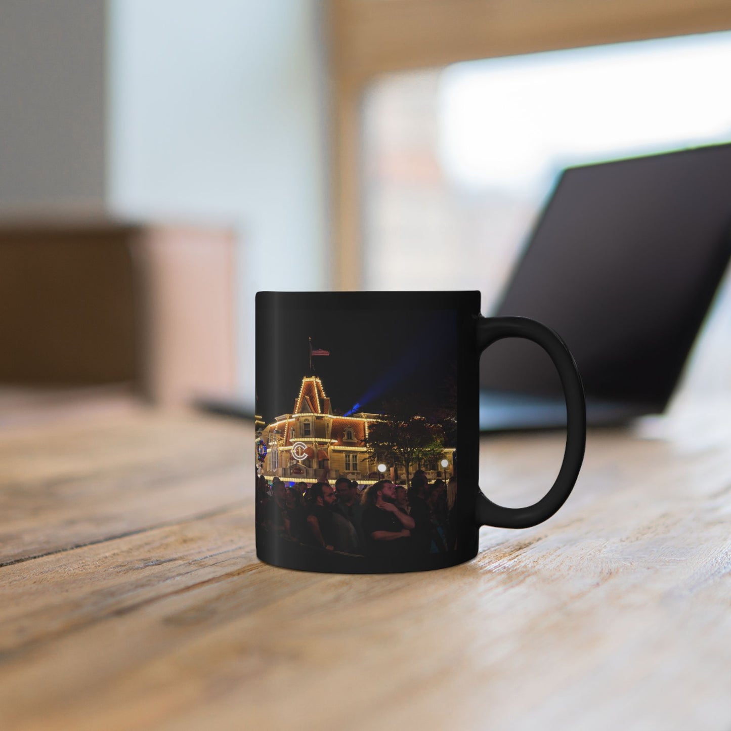 Magic Kingdom Nighttime Theme Park Lights Mug — Scenic Black Coffee Cup