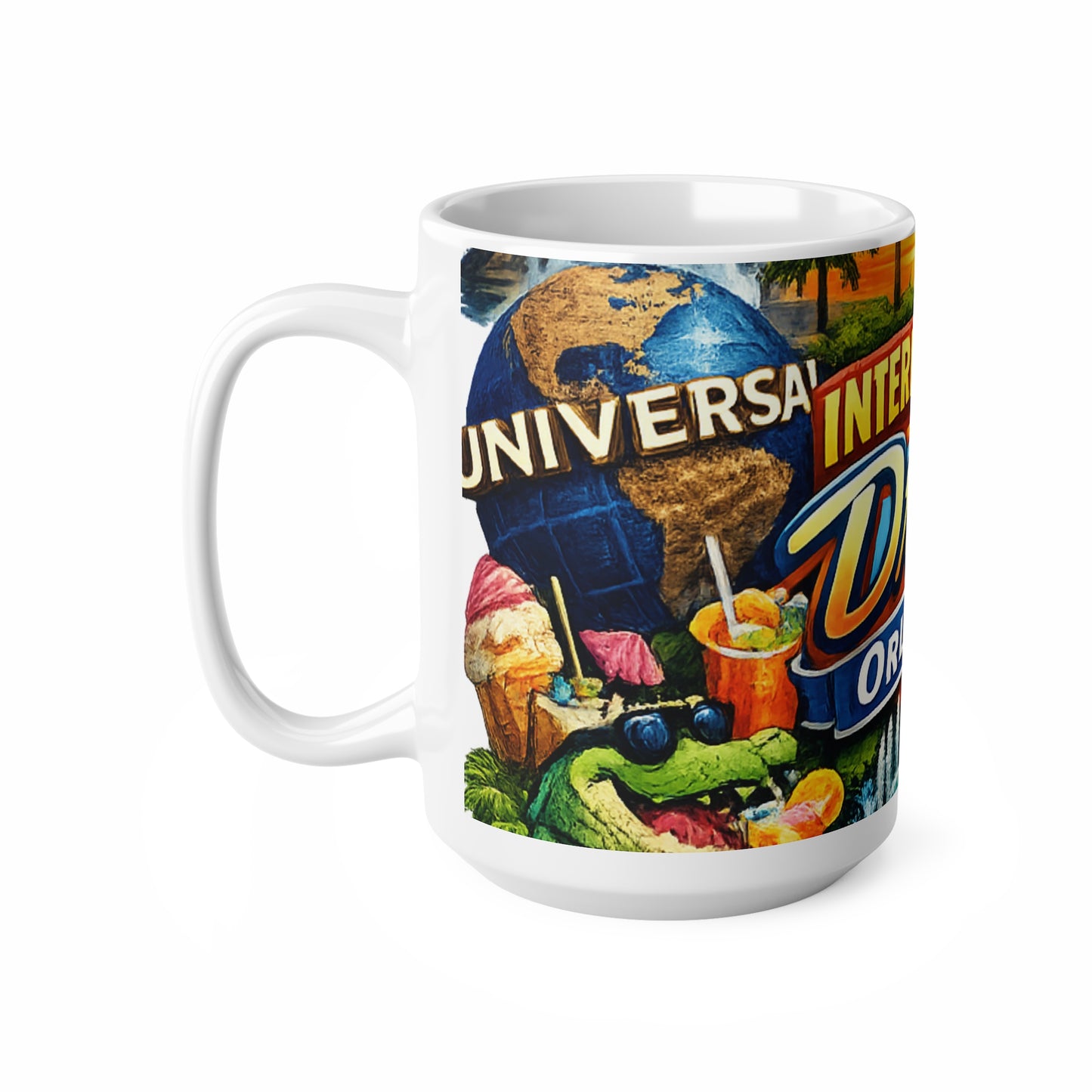 Orlando International Drive Souvenir Mug — Universal Globe & Theme Park Icons, 11oz/15oz