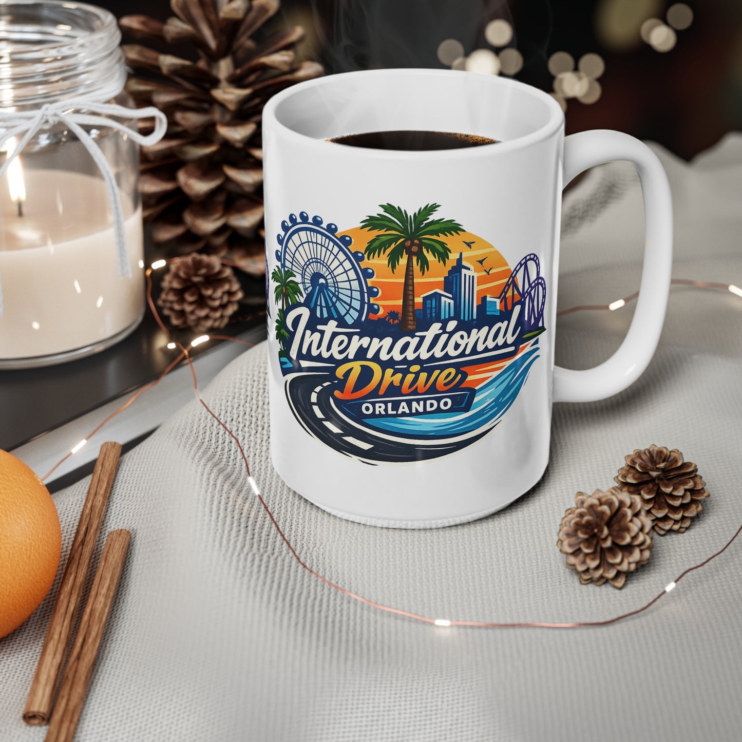 Orlando International Drive Souvenir Mug — 11oz/15oz Ceramic Coffee Cup with Ferris Wheel & Sunset Design