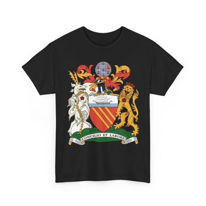 Manchester Coat of Arms Crest T‑Shirt — Heraldic Family Shield Tee with 'Concilio et Labore' Banner