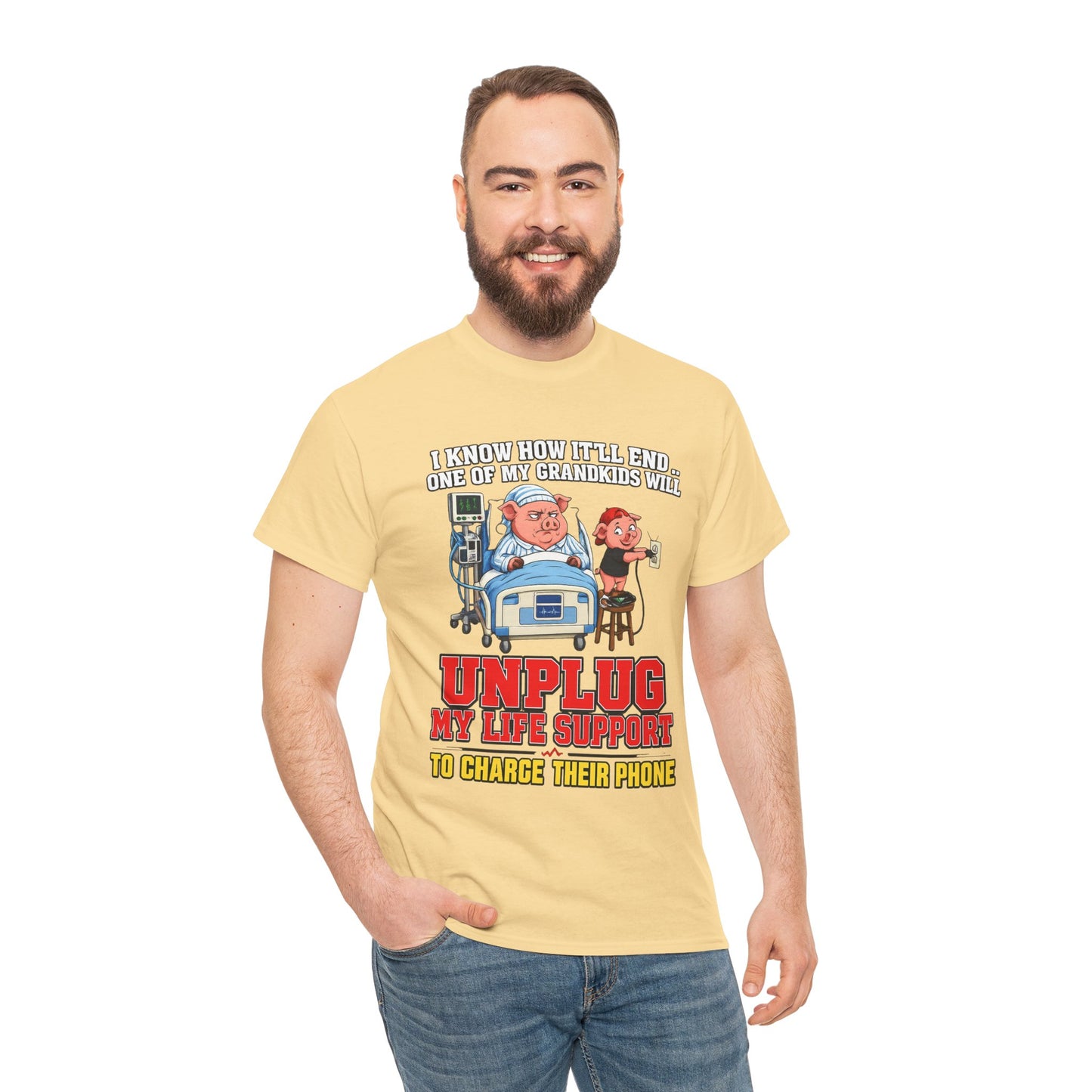 Funny Grandpa T-Shirt - "Unplug My Life Support to Charge Their Phone" Grandpa Humor Tee
