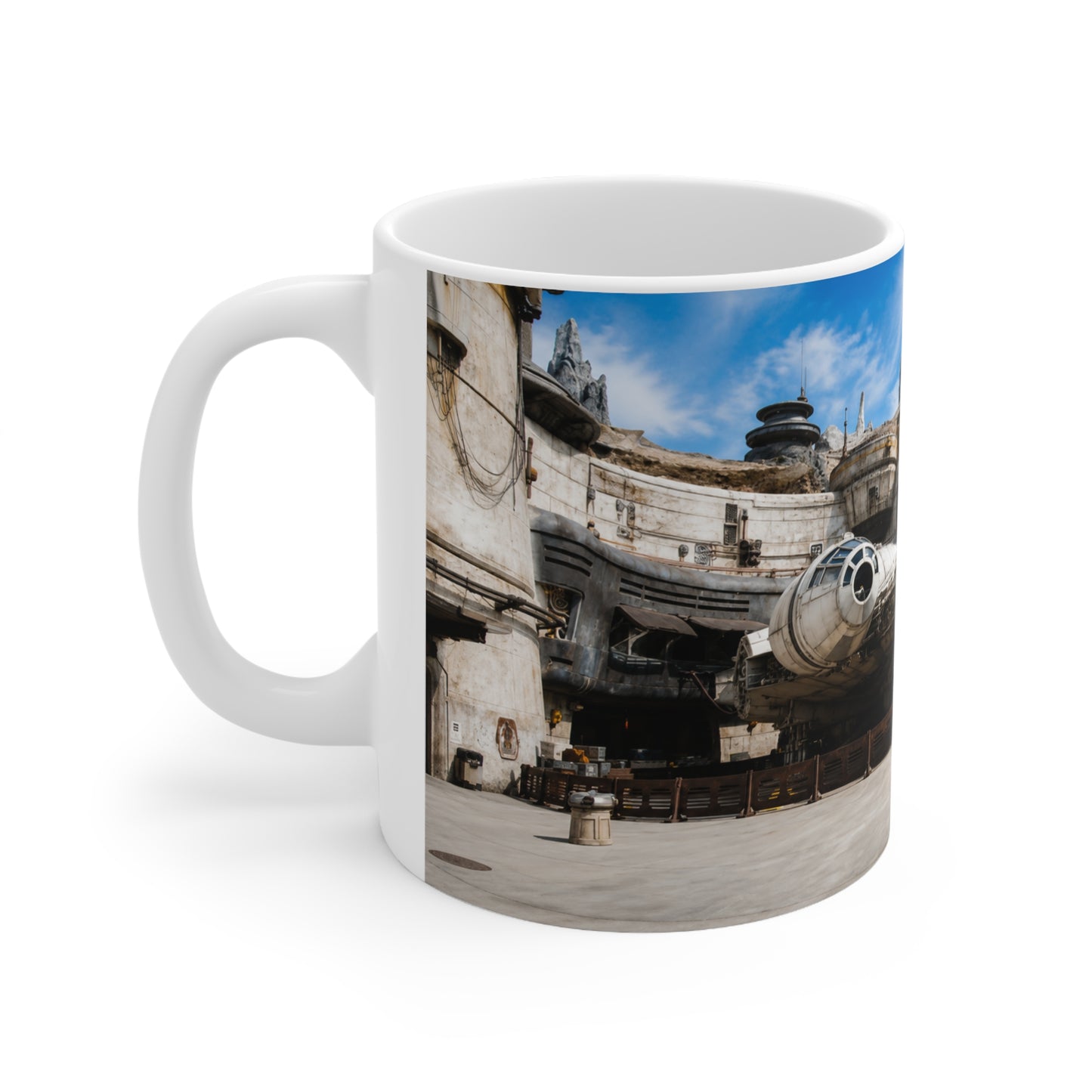 Falcon Spacecraft Ceramic Mug — Millennium-Style Starship Landscape 11oz/15oz