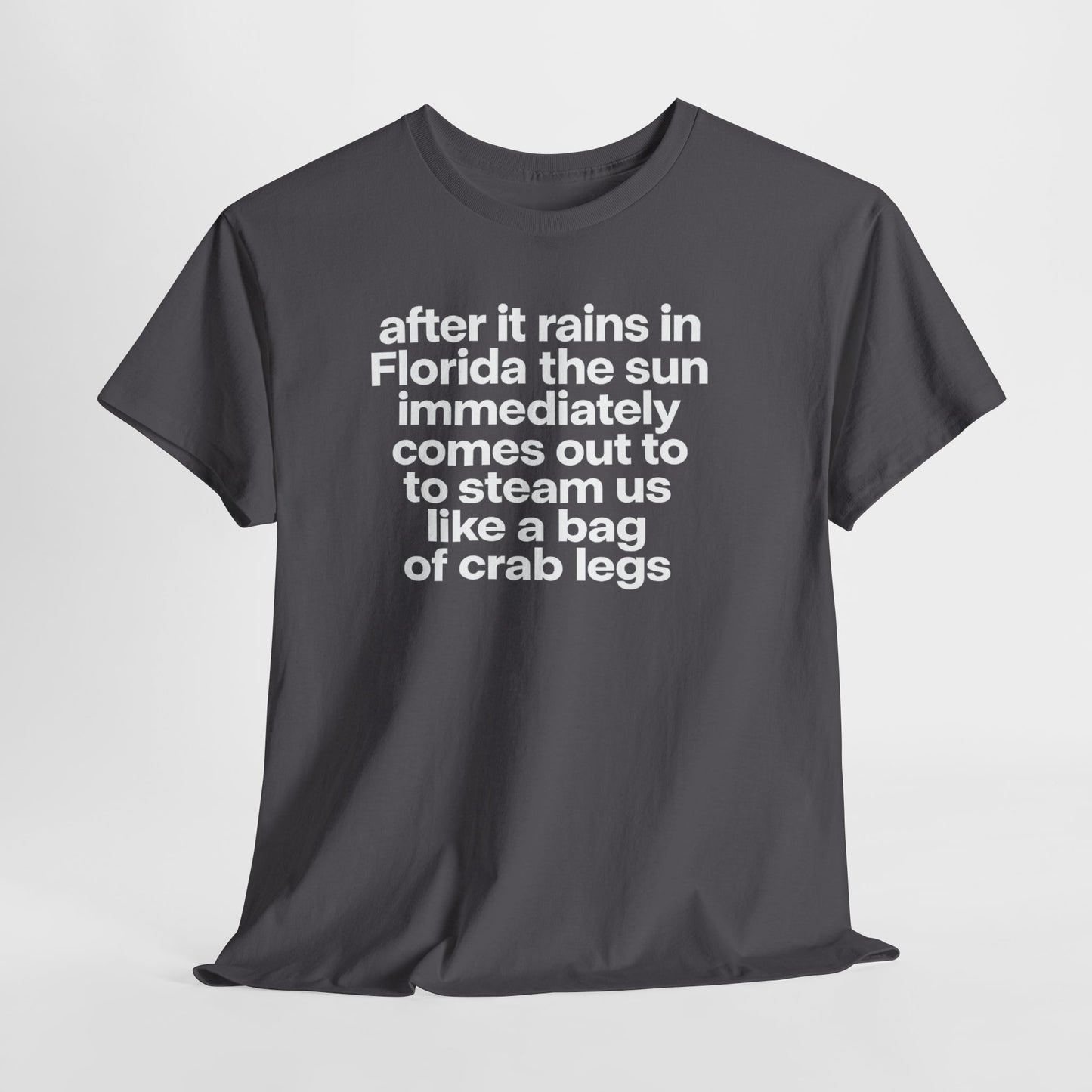 T-Shirt — "after it rains in Florida the sun immediately comes out to steam us like a bag of crab legs" Funny Florida Weather Tee