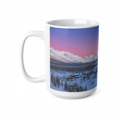 Scenic Winter Mountain Mug — Snowy Lodge Sunrise Ceramic Coffee Cup (11oz & 15oz)