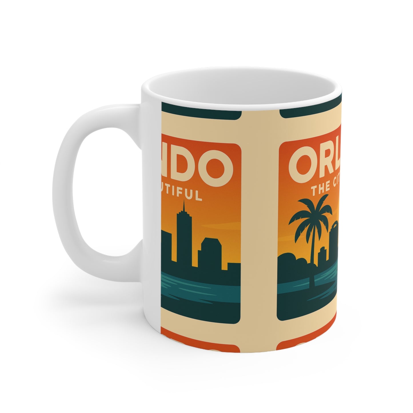 Orlando 'The City Beautiful' Orange Skyline Coffee Mug — Retro Travel Ceramic Cup (11oz & 15oz)