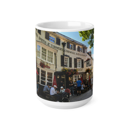 Richmond Ted Lasso Vintage English Pub Street Scene Mug – Café Outdoor Seating Photo Ceramic Coffee Cup (11oz & 15oz)