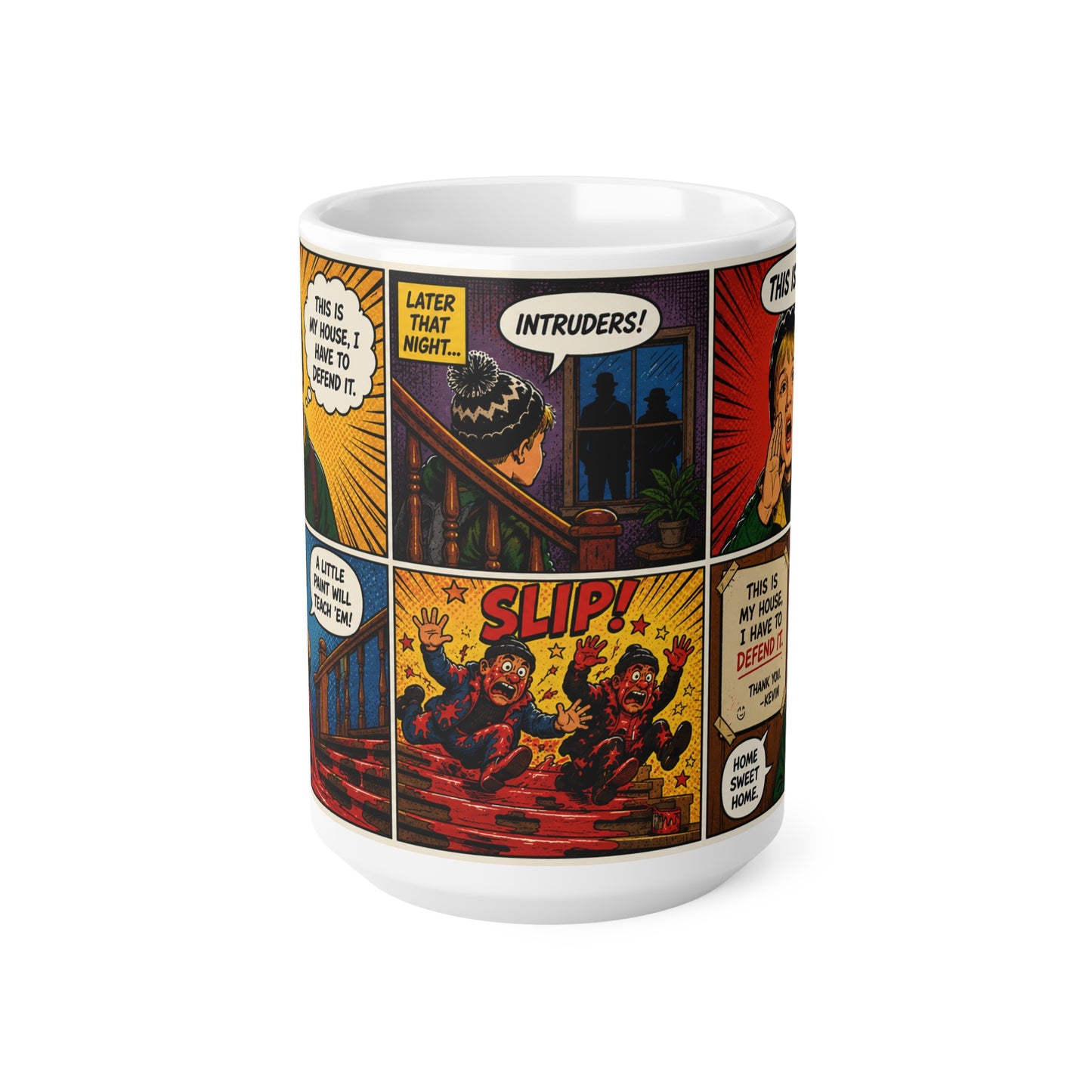 Home Alone Comic Strip Ceramic Coffee Mug — Vintage Pop Art Horror Panels (11oz & 15oz)