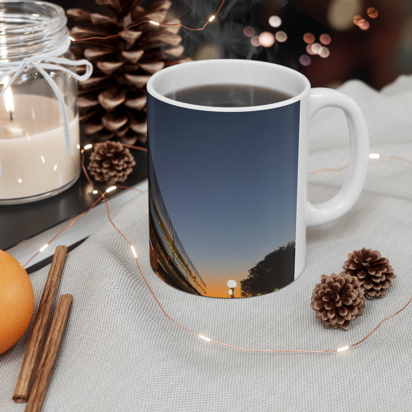 WDW Monorail Nightscape Ceramic Mug — Modern Curved Building Photo (11oz & 15oz)