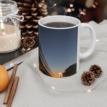 WDW Monorail Nightscape Ceramic Mug — Modern Curved Building Photo (11oz & 15oz)