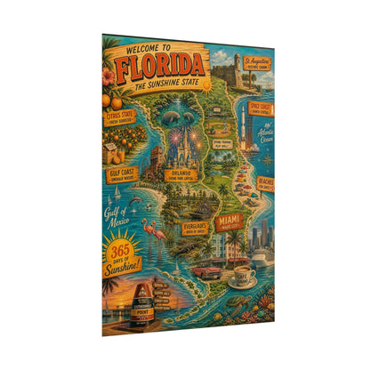 Florida Vintage Travel Poster - Rolled Poster (Welcome to Florida Map & Landmarks)