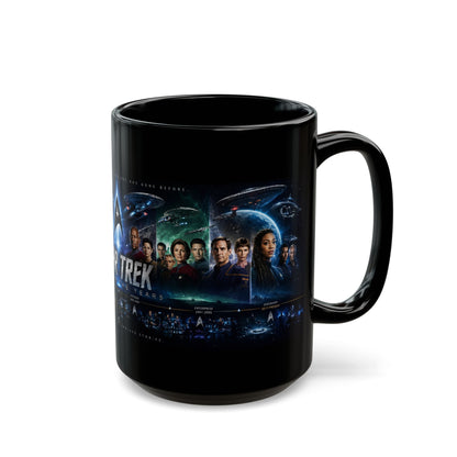 Star Trek Collage Black Mug — Sci‑Fi Crew Montage Coffee Cup (11oz/15oz)