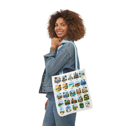 Florida City Landmark Collage Canvas Tote Bag — Vintage Travel Icons Print
