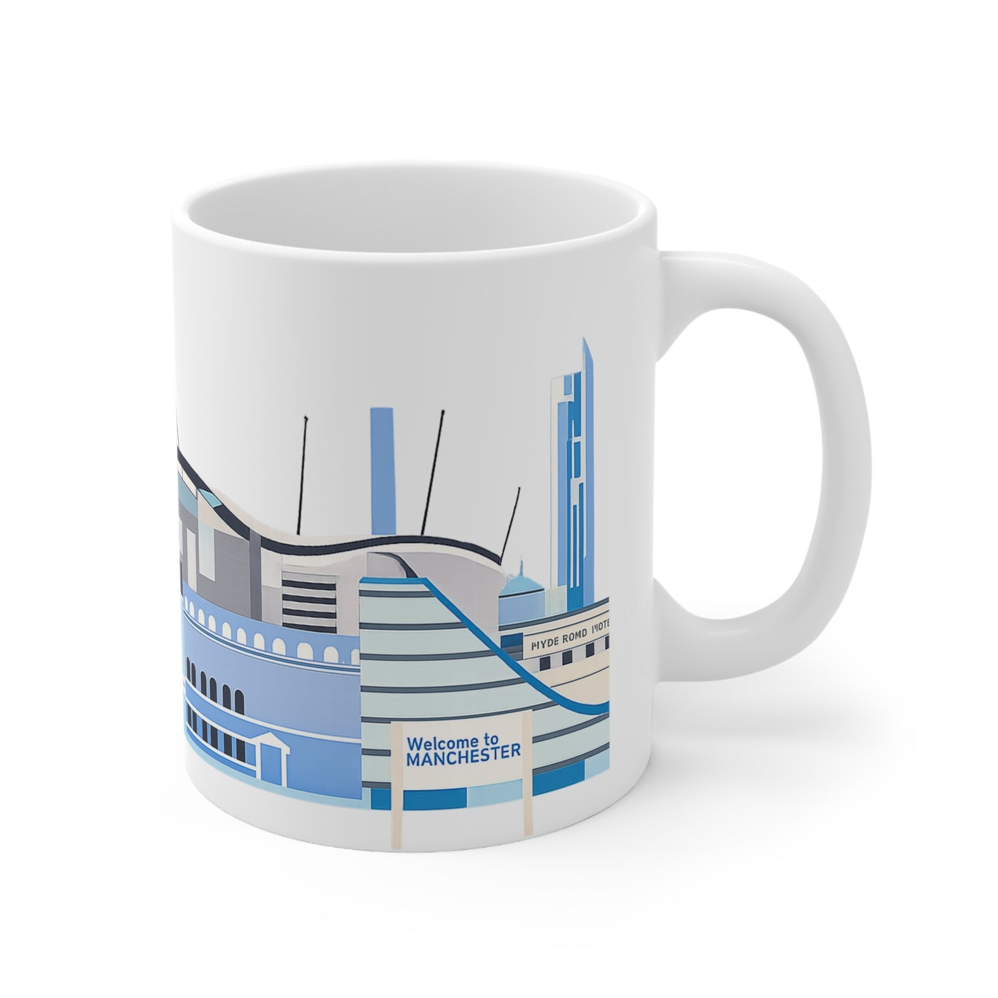 Manchester City Skyline Ceramic Coffee Mug — Blue Landmark Panorama, 11oz & 15oz