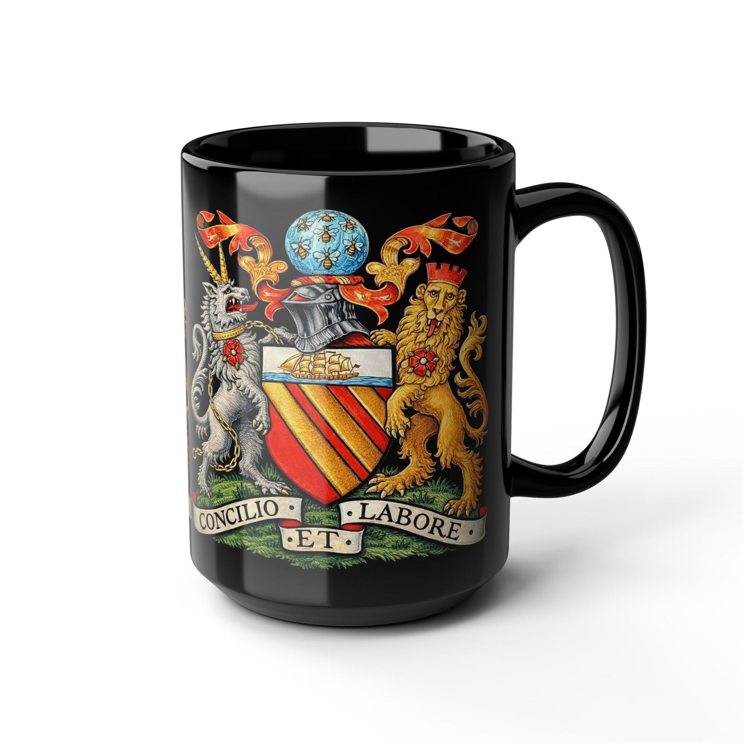 Manchester Coat of Arms Crest Mug — 'Concilio et Labore' Black Coffee Cup