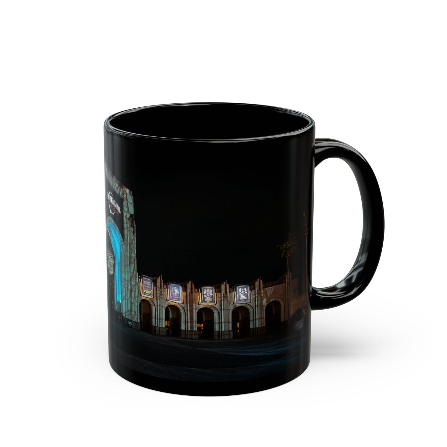 Universal HHN Black Ceramic Mug — Nighttime Theme Park Arch Photo (11oz & 15oz)