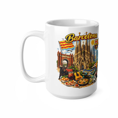 Barcelona Souvenir Mug — Ceramic Coffee Cup 11oz/15oz with Sagrada Familia, Paella & Flag Design