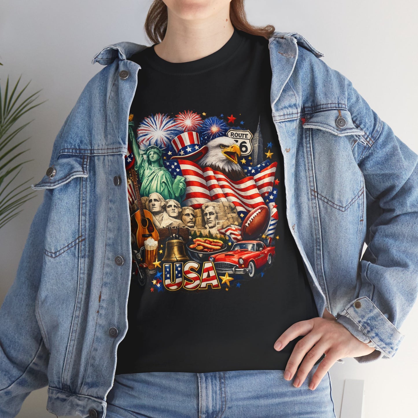 Patriotic USA Graphic Tee – American Flag, Statue of Liberty & Fireworks T-Shirt