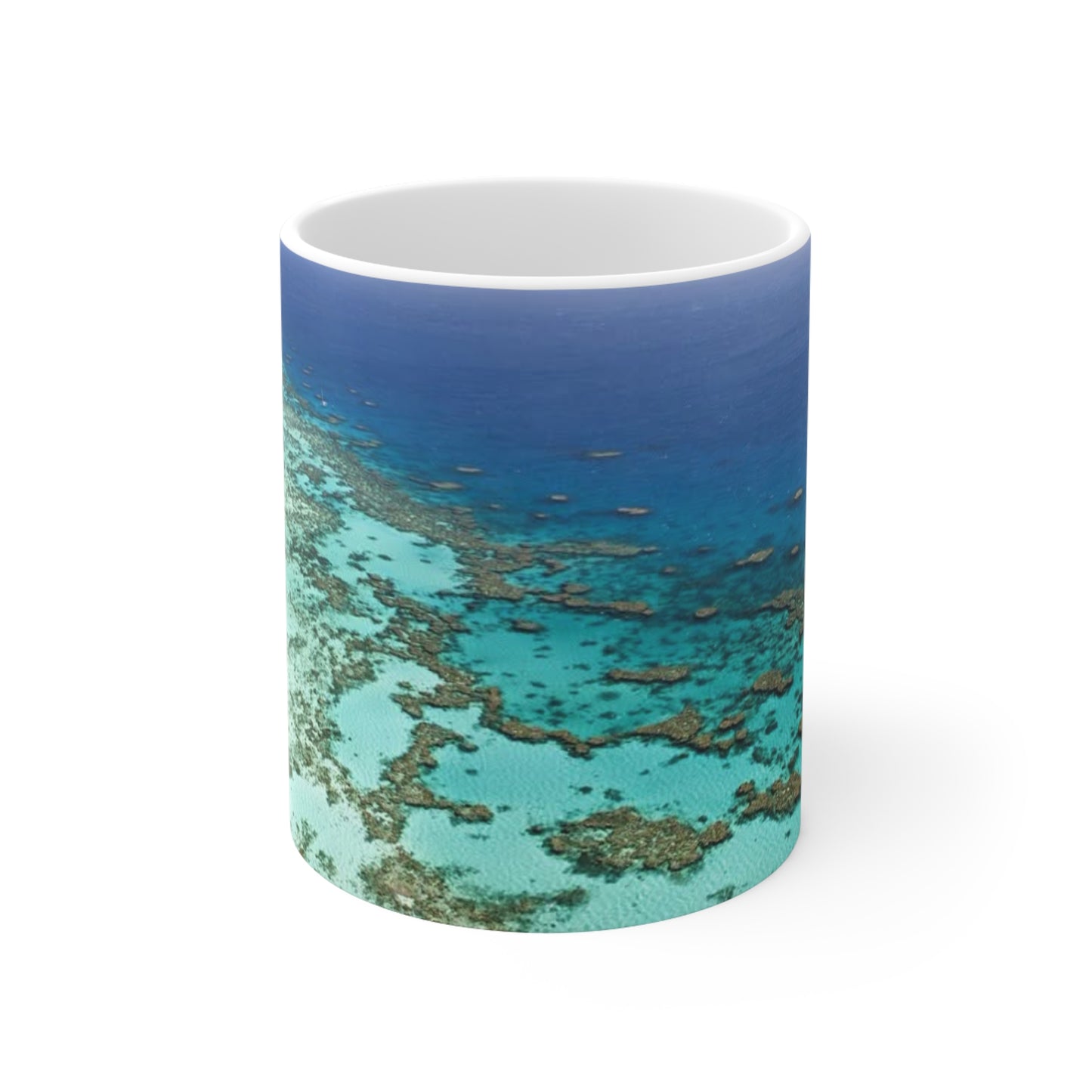 Ocean Reef Ceramic Coffee Mug — Aerial Turquoise Sea Print (11oz & 15oz)