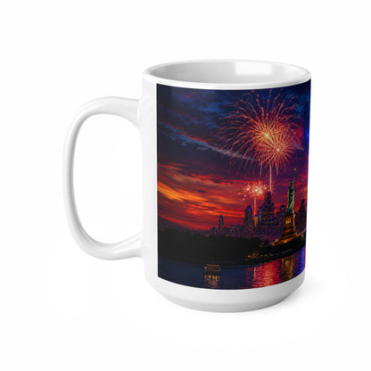 New York City Fireworks Skyline Ceramic Mug — Statue of Liberty 4th of July Coffee Cup (11oz & 15oz)