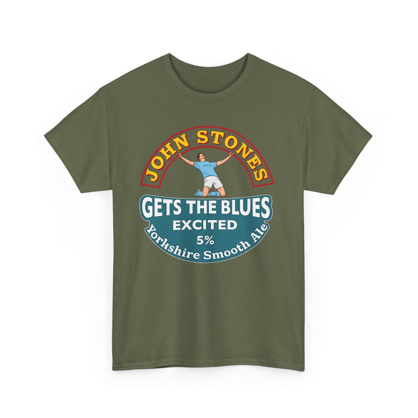John Stones T-Shirt — "Gets The Blues Excited" Retro Ale Parody Tee