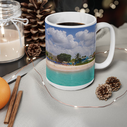 Barbados Tropical Beach Photo Mug — Scenic Dock Over Turquoise Water, 11oz & 15oz Ceramic Coffee Cup
