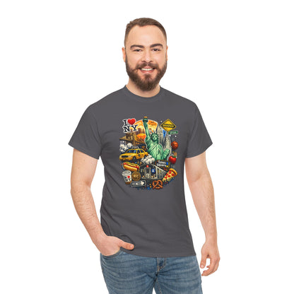 New York City Icons T-Shirt — Statue of Liberty, Taxi & I  NY Collage Tee