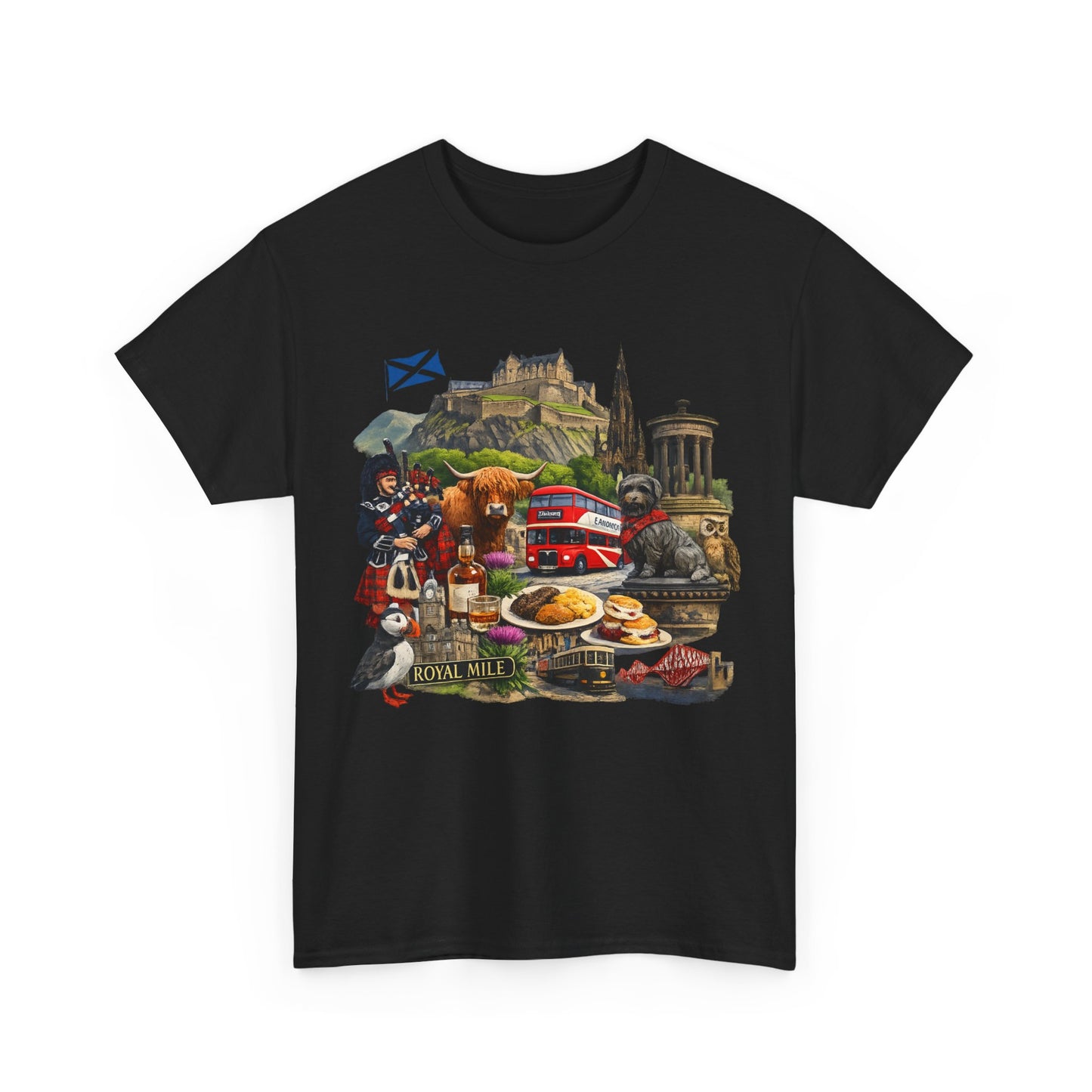 Scotland / Edinburgh Travel Collage T-Shirt — Edinburgh Castle, Bagpipes & Local Icons