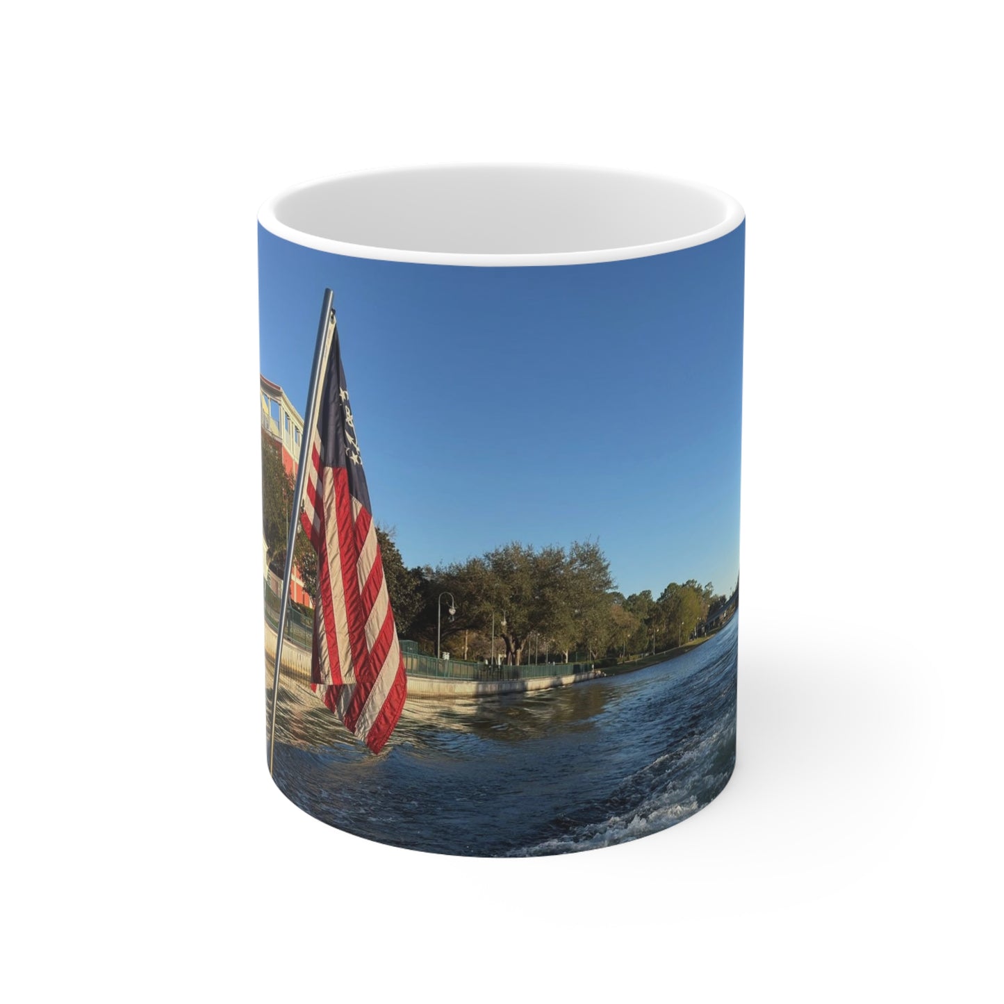 American Flag Waterfront Photo Ceramic Mug — Patriotic 11oz & 15oz Coffee Cup