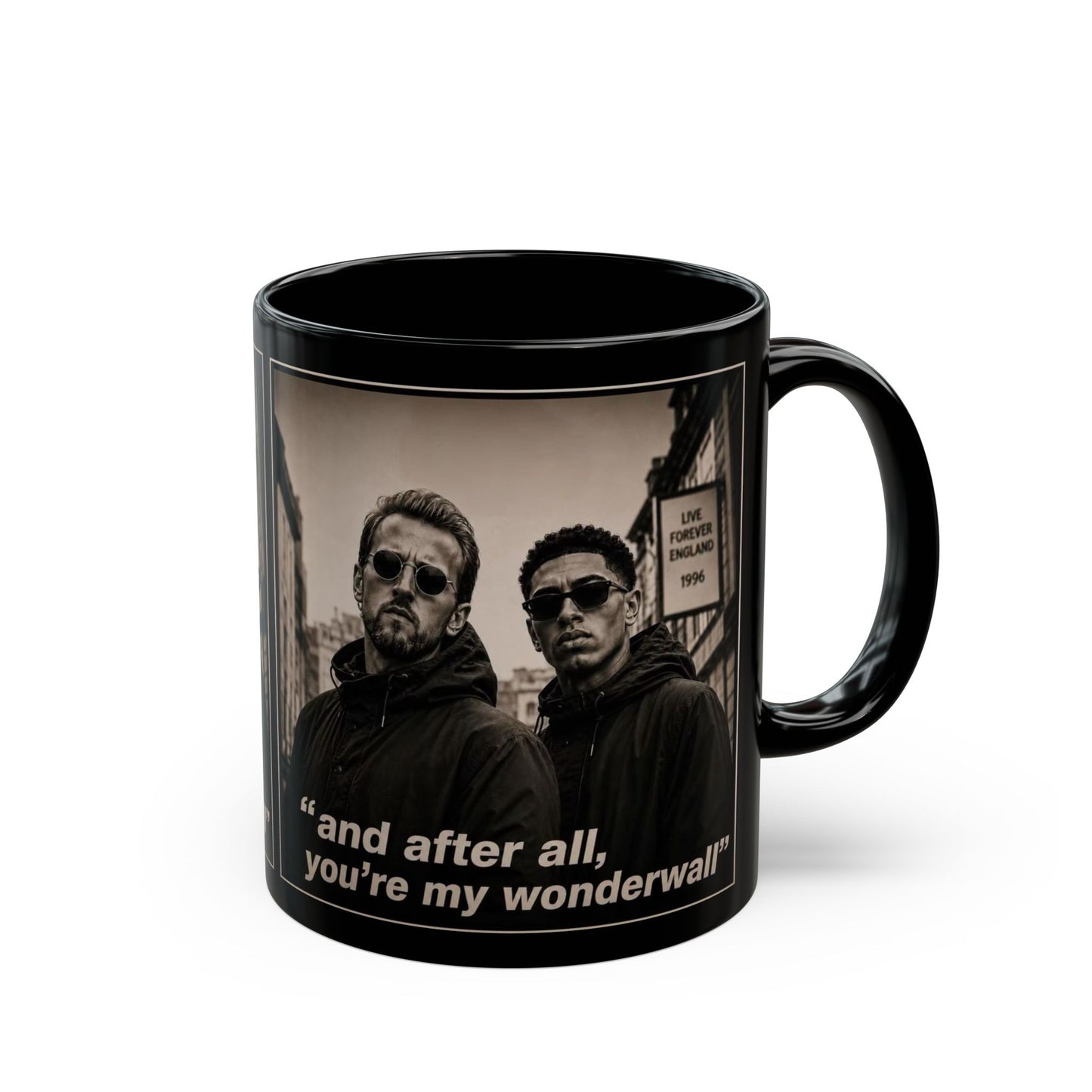 Kane and Bellingham Lyric Photo Black Mug — “and after all, you’re my wonderwall” Band Tribute Coffee Cup