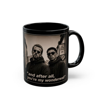 Kane and Bellingham Lyric Photo Black Mug — “and after all, you’re my wonderwall” Band Tribute Coffee Cup
