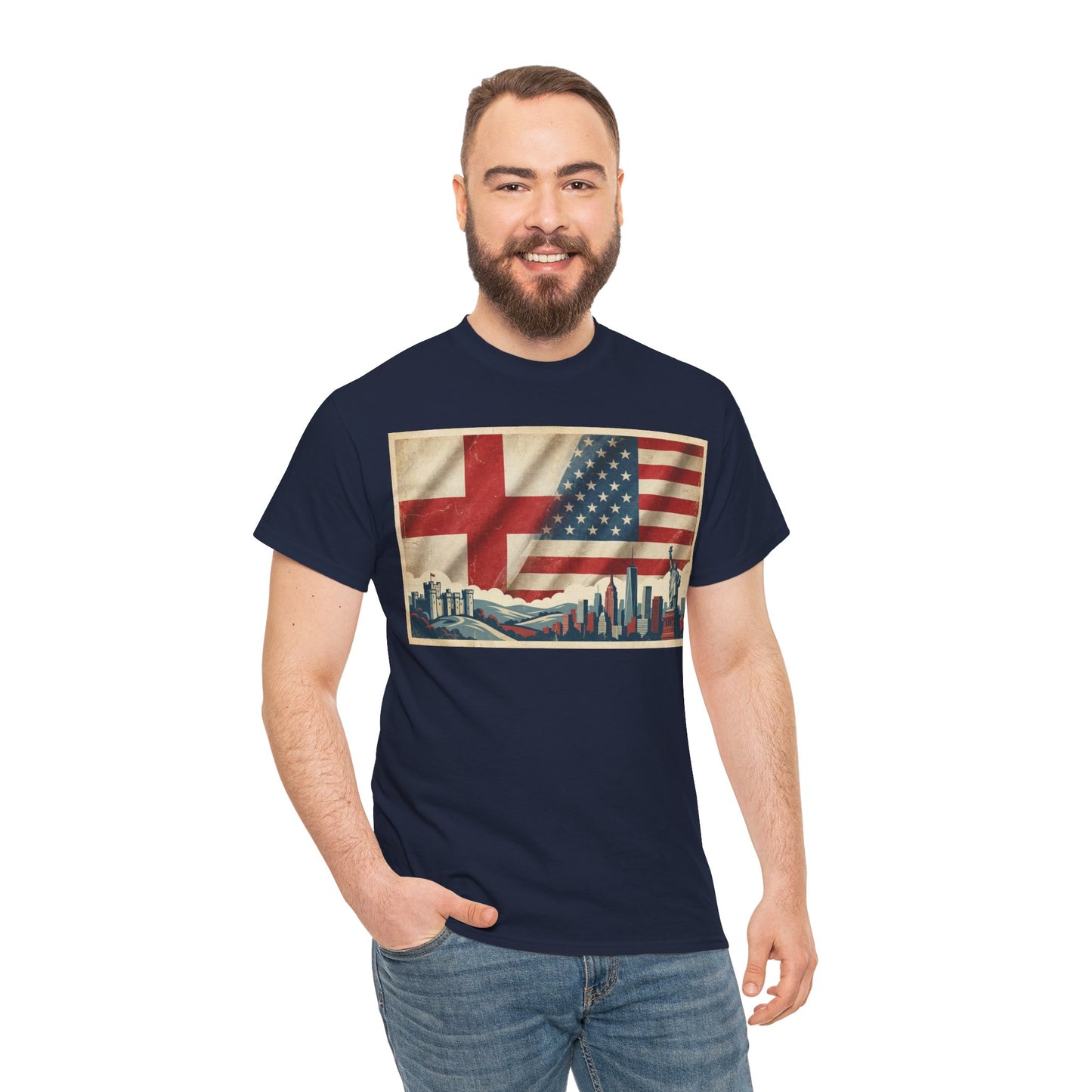 England + USA Flag Skyline T-Shirt — Vintage London & New York City Pride Tee