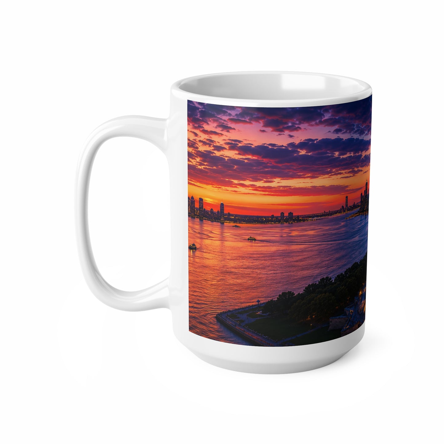New York Sunset Ceramic Mug — Statue of Liberty Skyline 11oz & 15oz